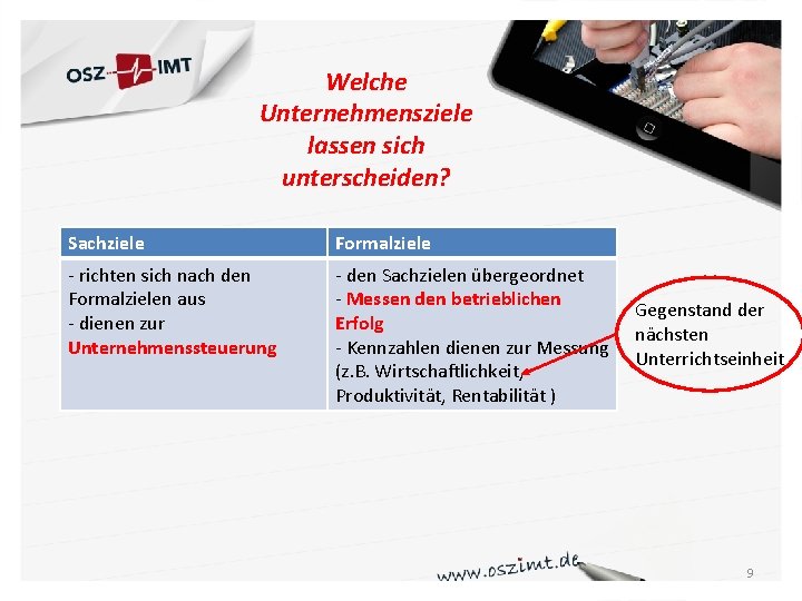 Welche Unternehmensziele lassen sich unterscheiden? Sachziele Formalziele - richten sich nach den Formalzielen aus