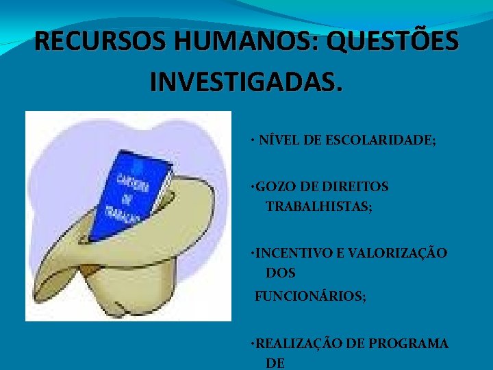 RECURSOS HUMANOS: QUESTÕES INVESTIGADAS. • NÍVEL DE ESCOLARIDADE; • GOZO DE DIREITOS TRABALHISTAS; •