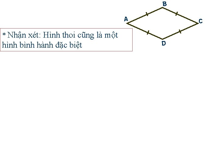 B A C * Nhận xét: Hình thoi cũng là một hình bình hành