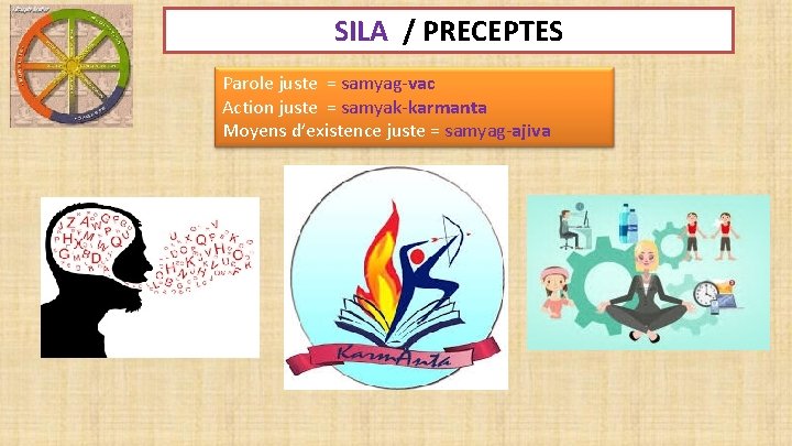 SILA / PRECEPTES Parole juste = samyag-vac Action juste = samyak-karmanta Moyens d’existence juste