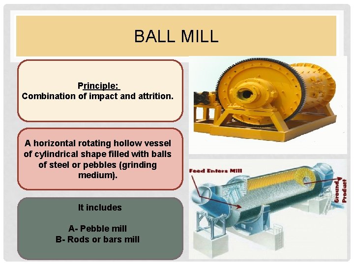 BALL MILL Principle: Combination of impact and attrition. A horizontal rotating hollow vessel of