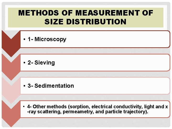 METHODS OF MEASUREMENT OF SIZE DISTRIBUTION • 1 - Microscopy • 2 - Sieving