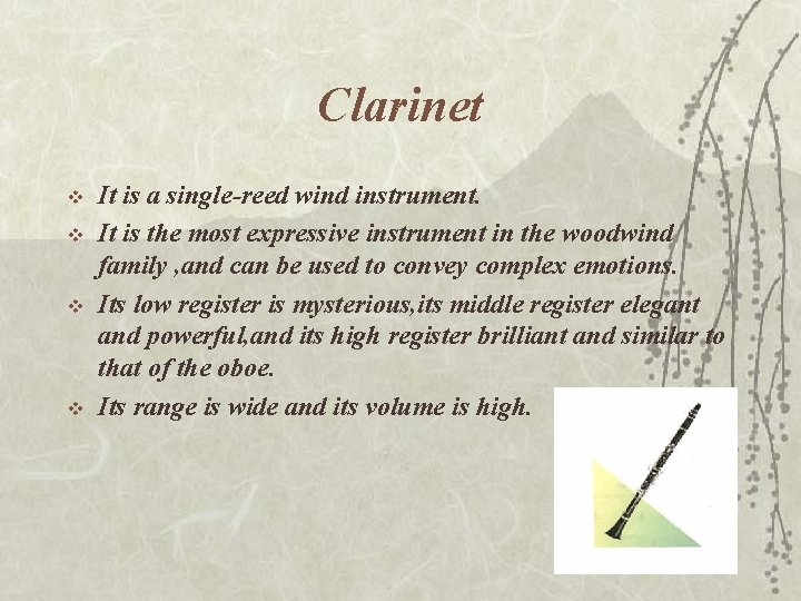 Clarinet v v It is a single-reed wind instrument. It is the most expressive