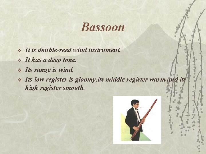 Bassoon v v It is double-reed wind instrument. It has a deep tone. Its