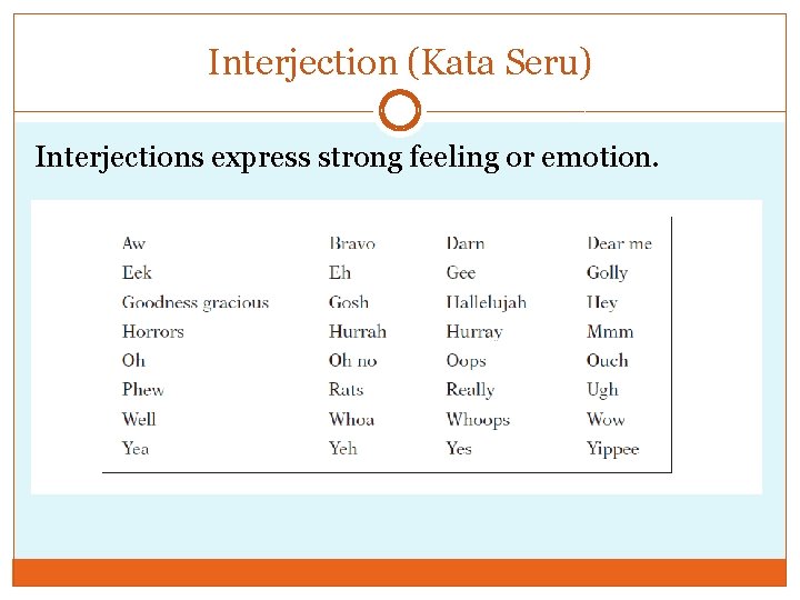 Interjection (Kata Seru) Interjections express strong feeling or emotion. 