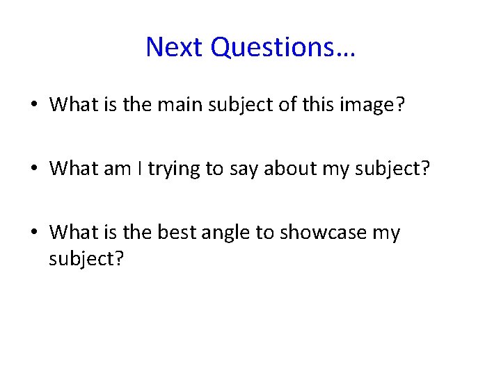 Next Questions… • What is the main subject of this image? • What am