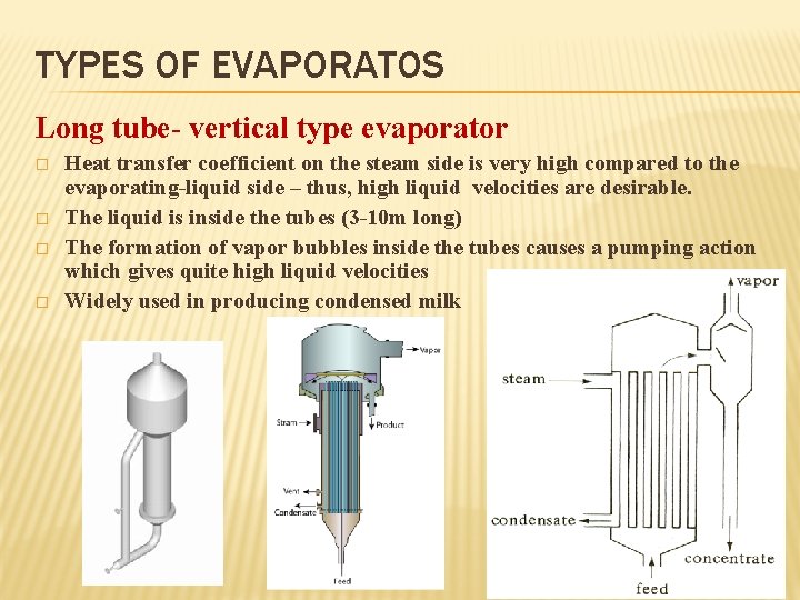 TYPES OF EVAPORATOS Long tube- vertical type evaporator � � Heat transfer coefficient on