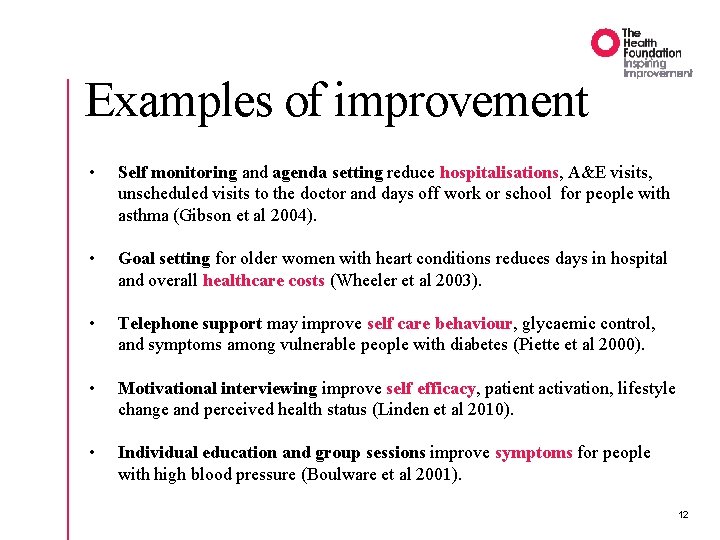 Examples of improvement • Self monitoring and agenda setting reduce hospitalisations, A&E visits, unscheduled