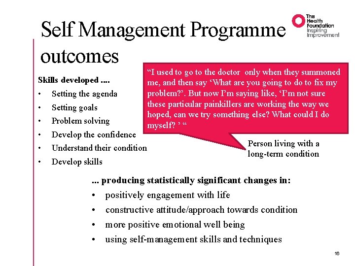 Self Management Programme outcomes Skills developed. . • • • Setting the agenda Setting