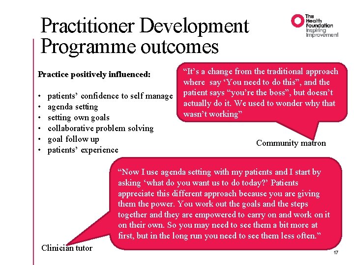 Practitioner Development Programme outcomes Practice positively influenced: • • • patients’ confidence to self