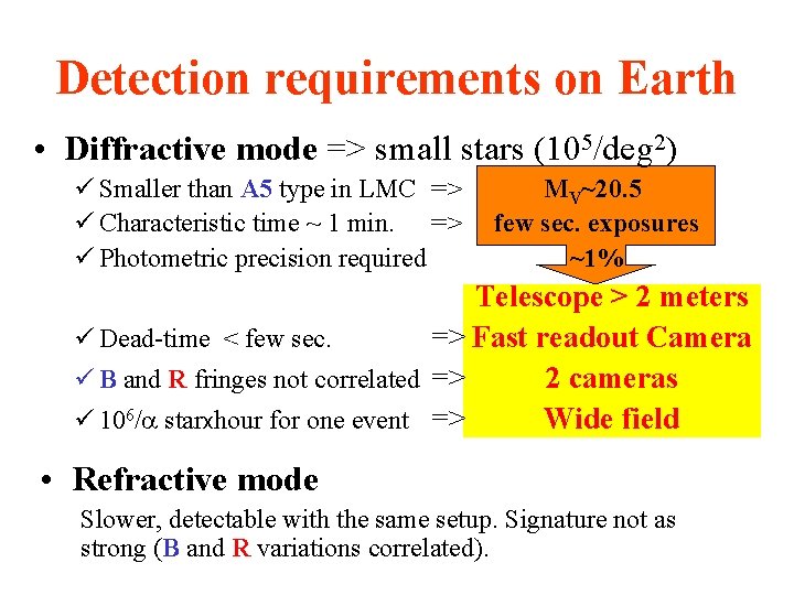 Detection requirements on Earth • Diffractive mode => small stars (105/deg 2) ü Smaller