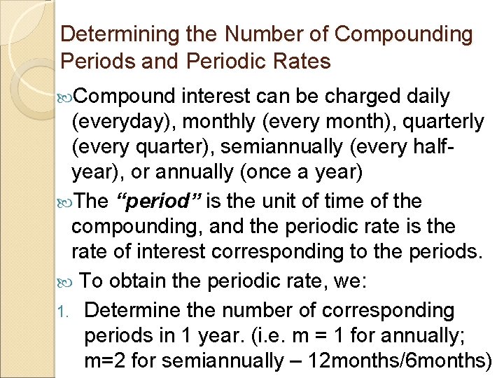 Determining the Number of Compounding Periods and Periodic Rates Compound interest can be charged