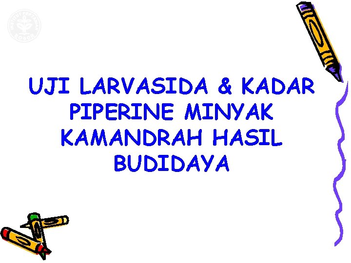 UJI LARVASIDA & KADAR PIPERINE MINYAK KAMANDRAH HASIL BUDIDAYA 