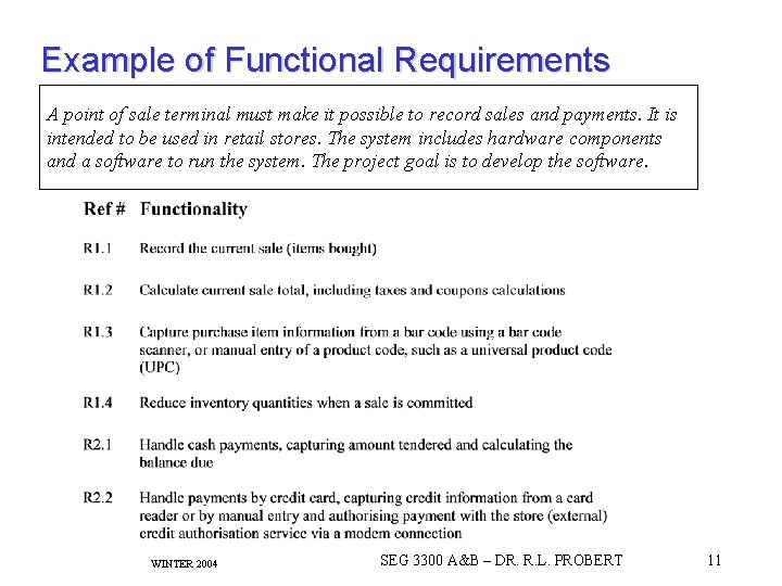 Example of Functional Requirements A point of sale terminal must make it possible to