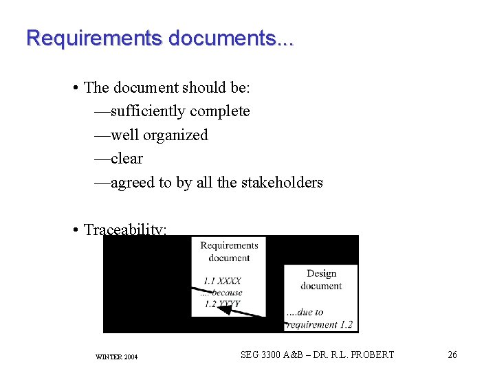 Requirements documents. . . • The document should be: —sufficiently complete —well organized —clear