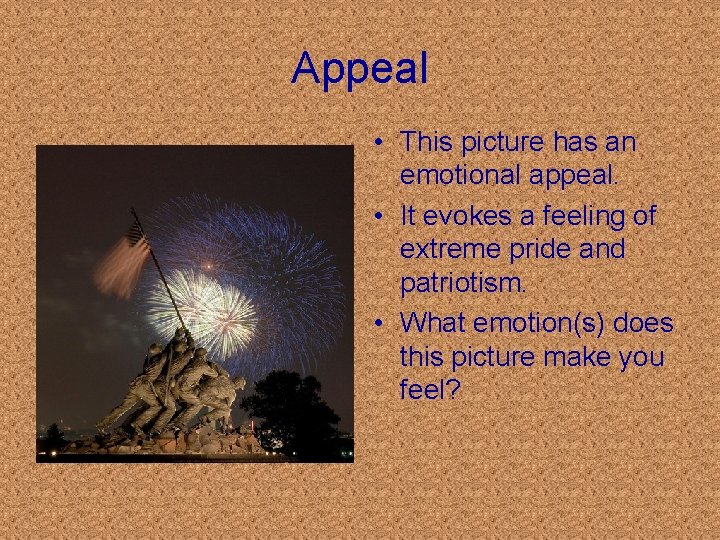 Appeal • This picture has an emotional appeal. • It evokes a feeling of