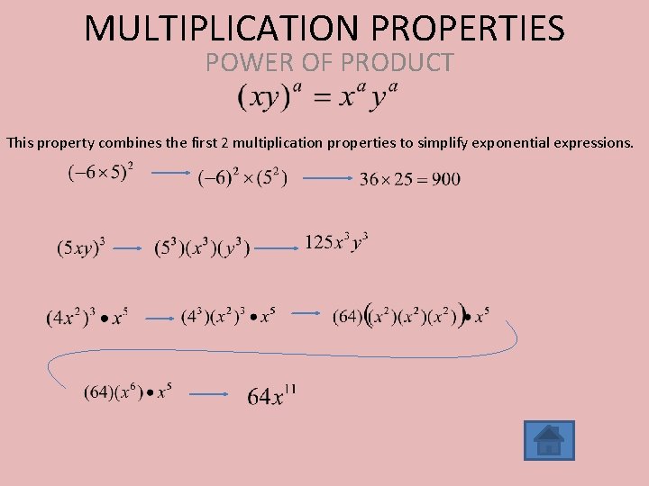 MULTIPLICATION PROPERTIES POWER OF PRODUCT This property combines the first 2 multiplication properties to