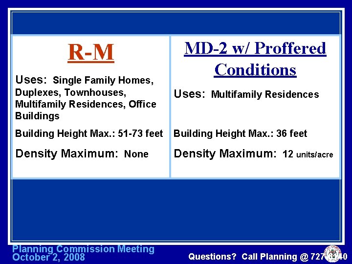 R-M Uses: Single Family Homes, MD-2 w/ Proffered Conditions Duplexes, Townhouses, Multifamily Residences, Office