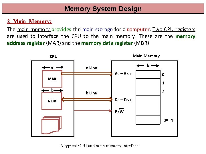 Memory System Design 2 - Main Memory: The main memory provides the main storage Memory System Design 2 - Main Memory: The main memory provides the main storage