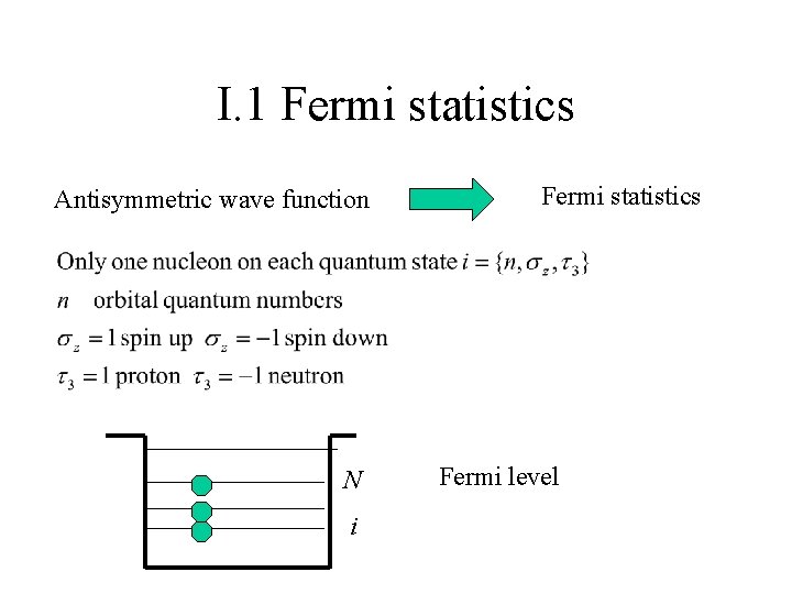 I. 1 Fermi statistics Antisymmetric wave function N i Fermi statistics Fermi level 