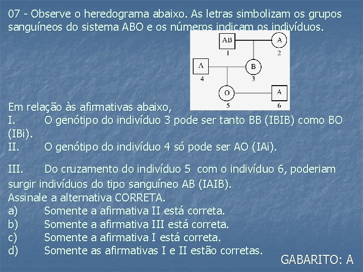 07 - Observe o heredograma abaixo. As letras simbolizam os grupos sanguíneos do sistema