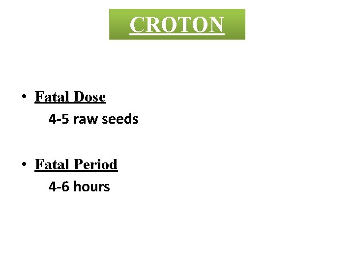 CROTON • Fatal Dose 4 -5 raw seeds • Fatal Period 4 -6 hours