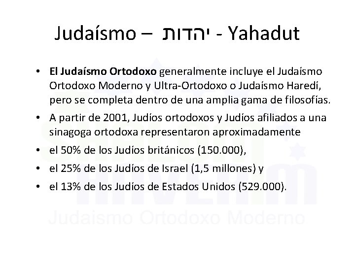 Judaísmo – יהדות - Yahadut • El Judaísmo Ortodoxo generalmente incluye el Judaísmo Ortodoxo