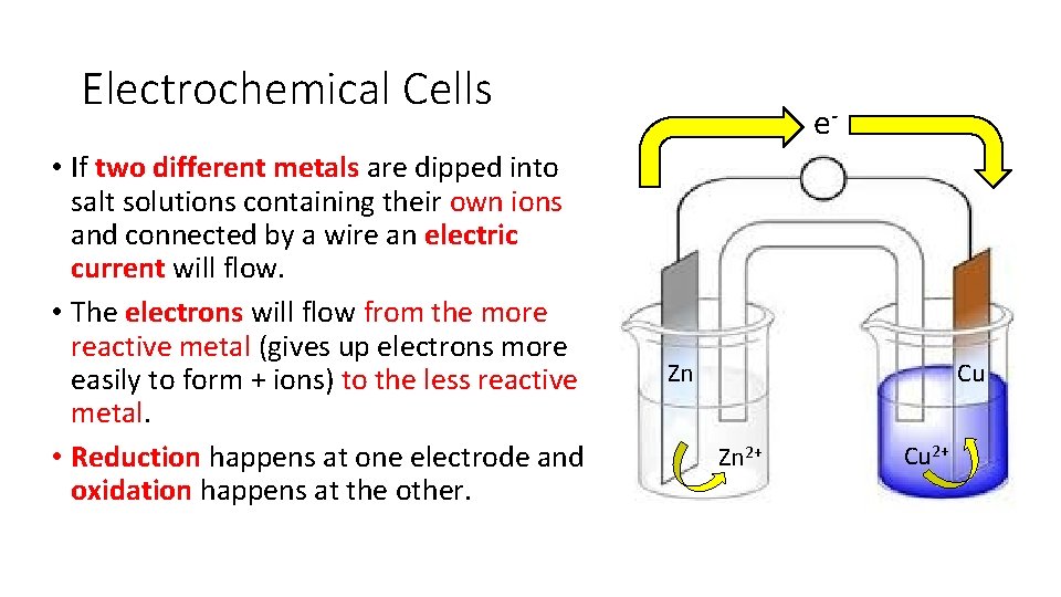 Electrochemical Cells • If two different metals are dipped into salt solutions containing their