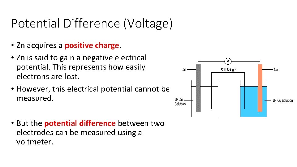 Potential Difference (Voltage) • Zn acquires a positive charge. • Zn is said to