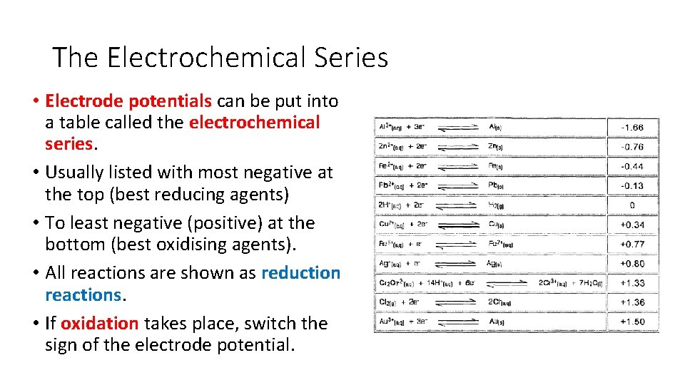 The Electrochemical Series • Electrode potentials can be put into a table called the