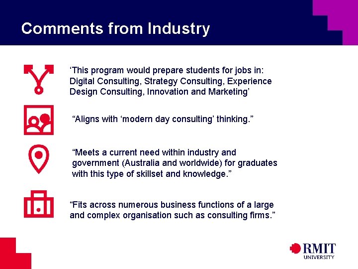 Comments from Industry ‘This program would prepare students for jobs in: Digital Consulting, Strategy