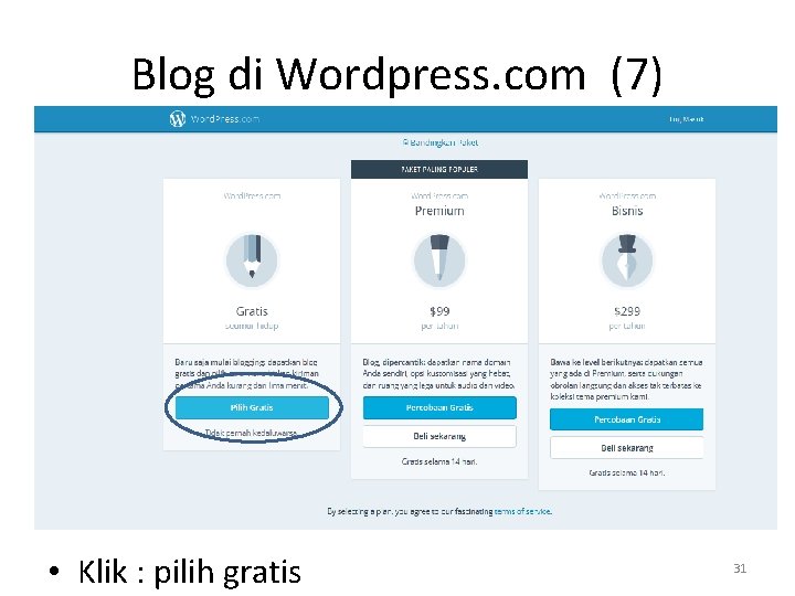 Blog di Wordpress. com (7) • Klik : pilih gratis 31 