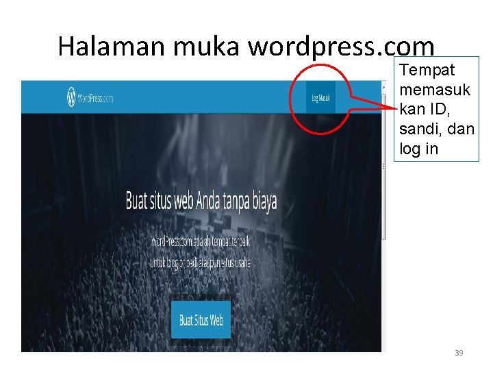 Halaman muka wordpress. com Tempat memasuk kan ID, sandi, dan log in 39 