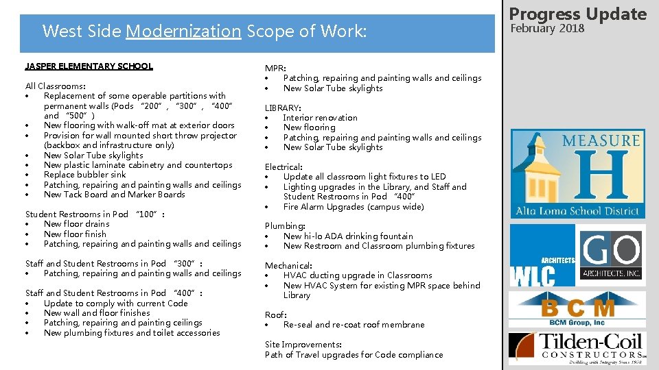 West Side Modernization Scope of Work: JASPER ELEMENTARY SCHOOL All Classrooms: Replacement of some