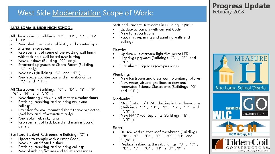 West Side Modernization Scope of Work: ALTA LOMA JUNIOR HIGH SCHOOL All Classrooms in