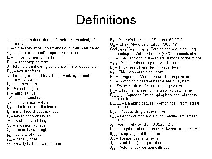 Definitions m – maximum deflection half-angle (mechanical) of mirror d – diffraction-limited divergence of