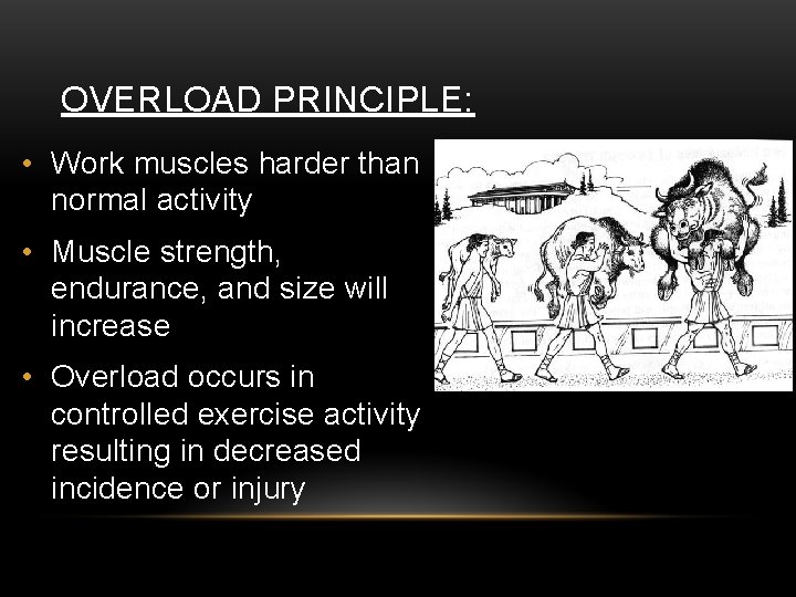 OVERLOAD PRINCIPLE: • Work muscles harder than normal activity • Muscle strength, endurance, and