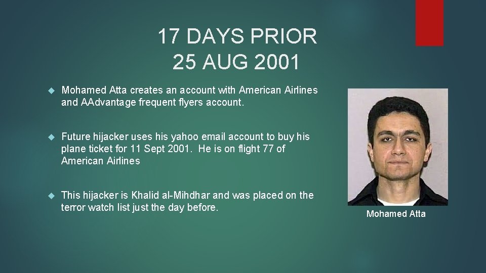 17 DAYS PRIOR 25 AUG 2001 Mohamed Atta creates an account with American Airlines