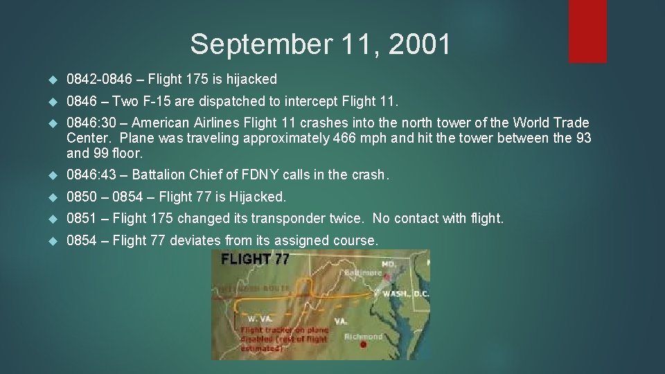 September 11, 2001 0842 -0846 – Flight 175 is hijacked 0846 – Two F-15