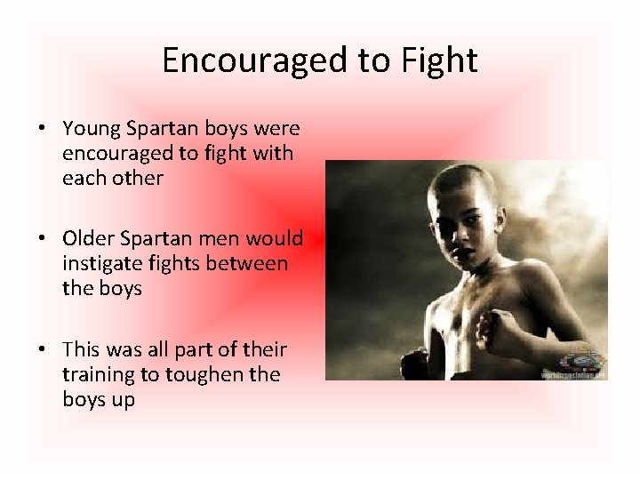 Encouraged to Fight • Young Spartan boys were encouraged to fight with each other