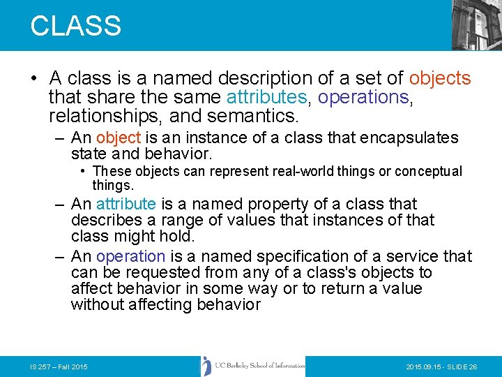 CLASS • A class is a named description of a set of objects that CLASS • A class is a named description of a set of objects that