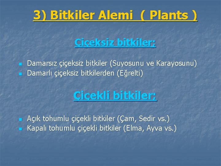 3) Bitkiler Alemi ( Plants ) Çiçeksiz bitkiler; n n Damarsız çiçeksiz bitkiler (Suyosunu