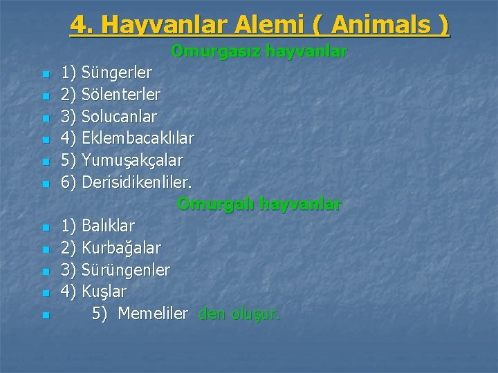 4. Hayvanlar Alemi ( Animals ) Omurgasız hayvanlar n n n 1) Süngerler 2)