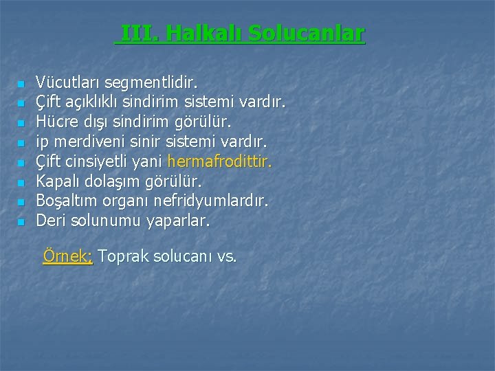 III. Halkalı Solucanlar n n n n Vücutları segmentlidir. Çift açıklıklı sindirim sistemi vardır.