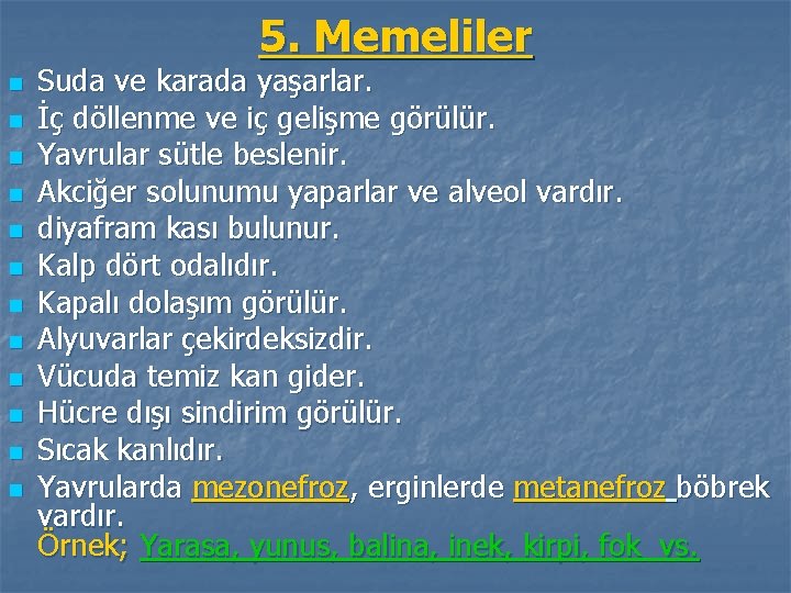 5. Memeliler n n n Suda ve karada yaşarlar. İç döllenme ve iç gelişme