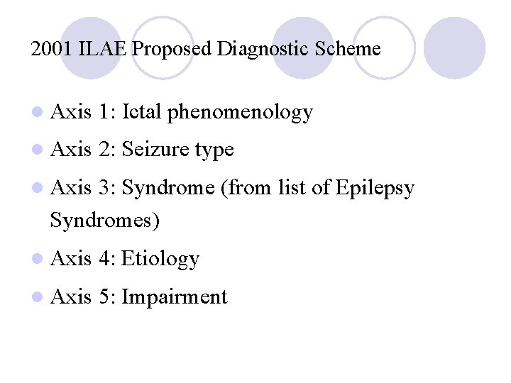 2001 ILAE Proposed Diagnostic Scheme l Axis 1: Ictal phenomenology l Axis 2: Seizure