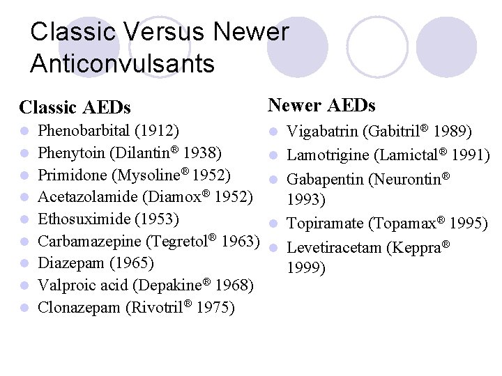 Classic Versus Newer Anticonvulsants Classic AEDs l l l l l Phenobarbital (1912) Phenytoin