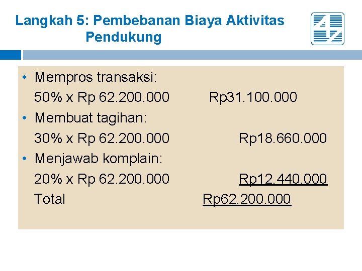 Langkah 5: Pembebanan Biaya Aktivitas Pendukung • Mempros transaksi: 50% x Rp 62. 200.