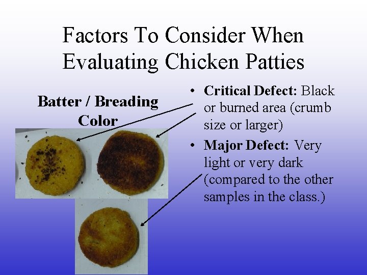 Factors To Consider When Evaluating Chicken Patties Batter / Breading Color • Critical Defect: