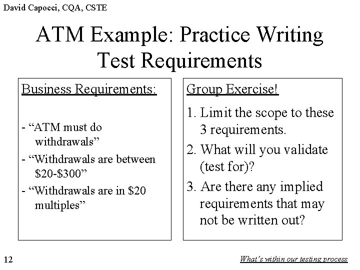 David Capocci, CQA, CSTE ATM Example: Practice Writing Test Requirements 12 Business Requirements: Group